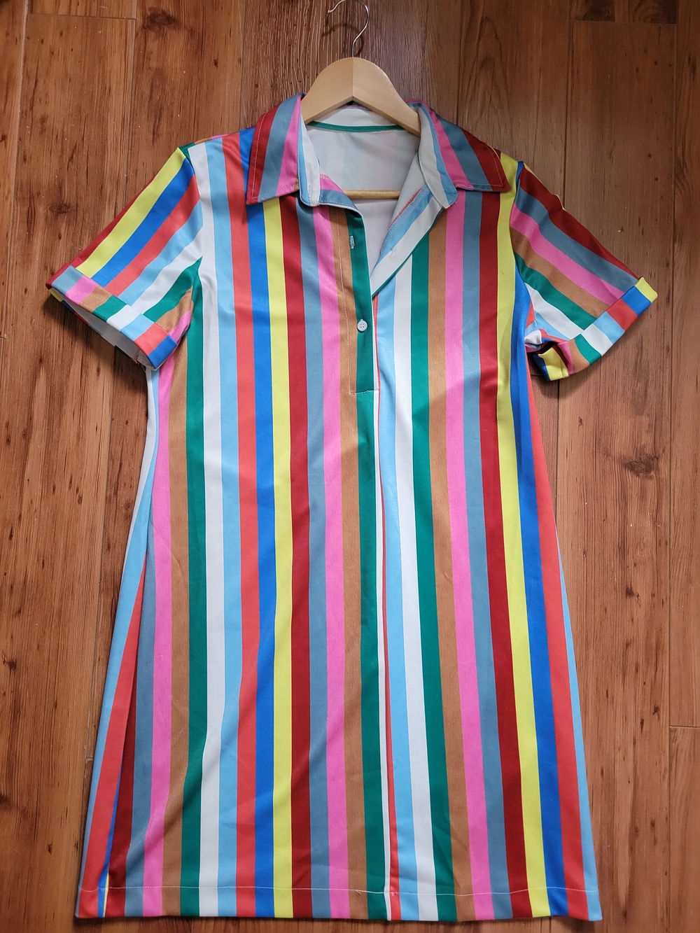 Colorful Vertical Stripe Short-Sleeve Shirt Dress